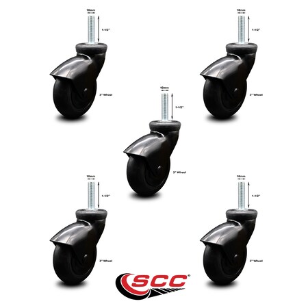 Service Caster 3 Inch Black Hooded Neoprene Rubber 10mm Threaded Stem Casters SCC, 5PK SCC-TS03S310-NPRB-BK-M1015-5